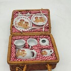 Vintage Teddy Bear Child Tea Set Wicker Picnic Basket Porcelain Mini Tea Set Red