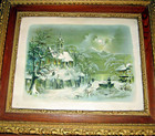 Antique Victorian Ornate Gesso Wall Picture Frame Winter Moon Lit Winter Scene