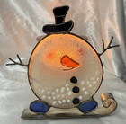 Fused Glass Snowman Tea Light Votive Candle Holder On Sled Christmas