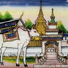 Vintage Northern Thai Reverse Glass Painting Of A Golden Chedi And A White Bull