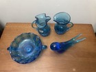 Large Lot Of Vintage Blue Glass- Crackle Glass  Bluebird And Candy Dish