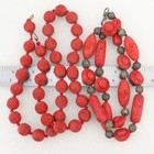 Set Of 2 Vintage Carved Chinese Cinnabar Bead Necklaces 925 Silver Clasp Spacers