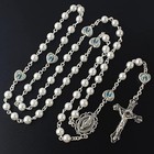 Catholic Town Glass Pearl Beads With Miraculous Epoxy Heart Metal Beads Rosary