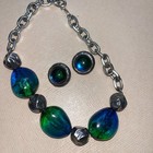 Vintage 80s Chunky Lucite Blue Green Silver Heavy Statement Necklace Earring Set