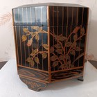 Japanese Hand Painted Black Lacquerware Flip-top Footed Birdcage Storage Box