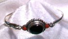 Vintage Native American Indian 925 Sterling Black Onyx Carnelian Hinged Bracelet