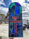 Vintage Art Deco Blue   Red Leaded Stained Glass Arched Window W  Cross - 5 Pcs