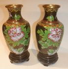 Pair Of Vintage Cloisonne  Brass   Enamel Chinese Floral Vases W wood Stands