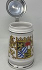 German Lidded Beer Stein Germany Bavaria Crest Lions Flags Zinn Lid Blue Yellow
