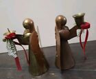 Vtg  Brass Copper Angel Candle Holder Set Of 2   Holiday Mcm Patina 