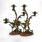 Pair Of Antique French Rococo Bronze Candelabras With Marble Bases C1890