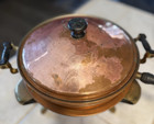 Vintage Copper   Brass Chafing Dish W black Wood Handles And Stand 