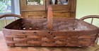 Vtg Hand Woven Gathering Basket Splint Oak  Wood Handle Rectangle Garden Antique