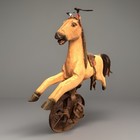 Vintage Handmade Folk Art Horse Pull Toy Wood Leather Iron Wheels Horsehair Tail