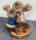 Vintage Indigenous Inuit Mother And Child In traditional Garb Wood Carved Faces