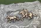 Vtg Huge Old Western Usa Sterling Silver Frontier Calf Roping Rodeo Belt Buckle