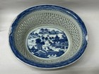 Antique Blue White Canton Export China Reticulated Chestnut Basket   Tray 19thc