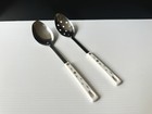 2 Vtg Mcm Atomic Starburst Stainless Usa Slotted Serving Spoons White blue