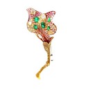 Diamond Emerald Sapphire 18k Yellow Gold Flower Brooch