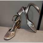 Vintage 60s Round Toe Metallic Silver Pumps Ankle Strap Shoes Midcentury Mod S M