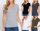Women s V Neck Cotton Short Sleeve T-shirt Slim Fit Soft Stretch Plain Basic Top