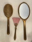 Vintage Victorian Gold Tone Hair Brush And Hand Mirror pink Brush Set  