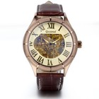 Men s Skeleton Roman Numeral Leather Strap Brown Leather Automatic Wrist Watch