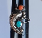 Vintage Navajo Turquoise Coral Sterling Silver Leaf Native American Ring Sz 6 5
