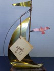 Mid Century Brass Sailboat Sculpture Burl Wood Base Signed Yosi Tag 9 Inch Mcm