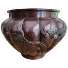 Antique Japanese Bronze Planter Birds Flowers Relief Meiji Era Jardiniere