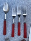 Vintage Bakelite Flatware Lot Of 22 Pieces Red Yellow Knifes Forks Masher