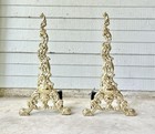 Antique French Pair Of Polished Brass Andirons Chenets 22    Reticulated Scroll
