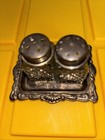 Vintage Mini Glass   Silver Plated Salt   Pepper Shaker With Matching Tray