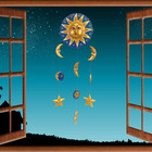Celestial Sun Moon Stars Hanging Mobile Hand Carved Wood Bali Folk Art Blue