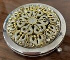 Vntg Round Silver   Gold Ornate Filigree Dual Mirror W rhinestones Compact 3   
