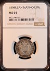 1898-r  republic Of San Marino  1 Lira - Ngc Ms64  Gorgeous   Rare Mintage  Pq 