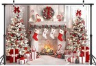 7x5ft Xmas Fireplace Backdrop Winter Tree Stocking Photo Prop Holiday Party