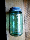 Masons 1858 Pint Mason Jar   Zinc Lid - Antique Reproduction - Apple Green Glass