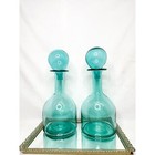 Set Of Two Vintage Teal Blue Glass Decanter With Globe Stopper
