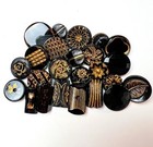 Antique Victorian Black Glass Mourning Buttons Lot Jet Gold Incised Lacy Signed