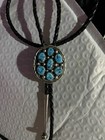 Vintage Navajo Tommy Moore Bolo Tie Sterling Silver And Natural Turquoise Signed