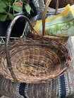 Vintage Dark Delicate Oval Wicker Herb Gathering Basket handled rustic Country