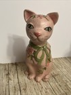 Vintage Ceramic Cat Piggy Bank Pink With Flowers 11 1 4   hx5 5   dx5   w Damaged Ear