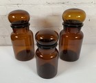 Vtg Amber Glass Apothecary 3 Jar Set W   Sealed Bubble Top Lid Made In Belgium