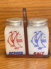 5 Dutch Boy girl Milk Glass Salt Pepper Sugar Sailboats   Tray Shaker Metal Lids