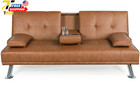 Faux Leather Futon Sofa Modern Style With Cupholders And Pillows Brown