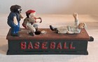 Vintage Repro Cast Iron Mechanical Bank W Stopper Baseball Slide Safe 1995 Works