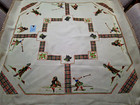  bonnie Scotland  hyland Dancer bagpiper hammer  Hand Embroidered Lge Tablecloth