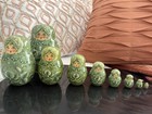 Vintage Russian Matryoshka Nesting Dolls  9 Piece Green Hand Painted Cat Floral