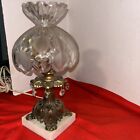 Vintage Beautiful Antique Brass   Marble Boudoir Lamp Glass Shade-1 Crystal Gone